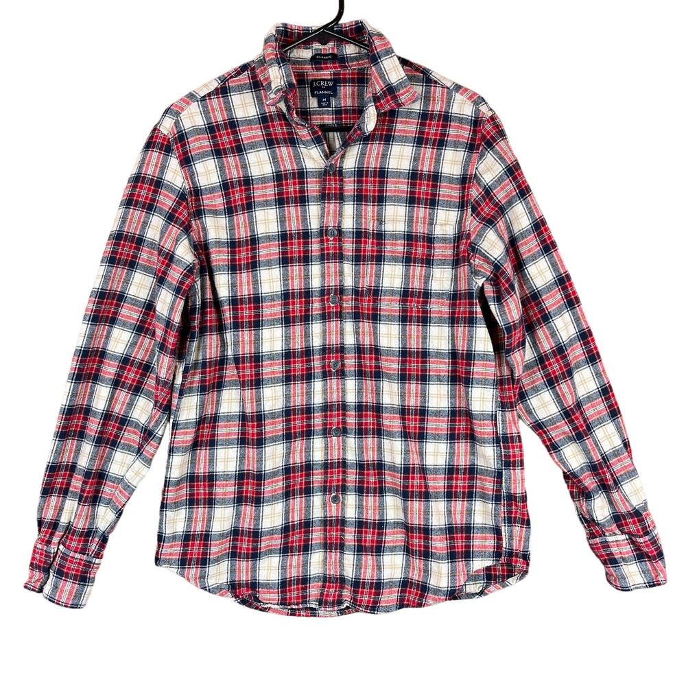 J Crew Mens Shirt Tan Red Blue Plaid Classic Fit Flannel Long Sleeve Medium